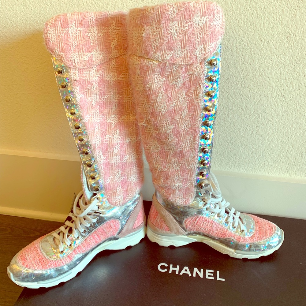 Chanel Sneaker Lace Up Boot in Pink Tweed